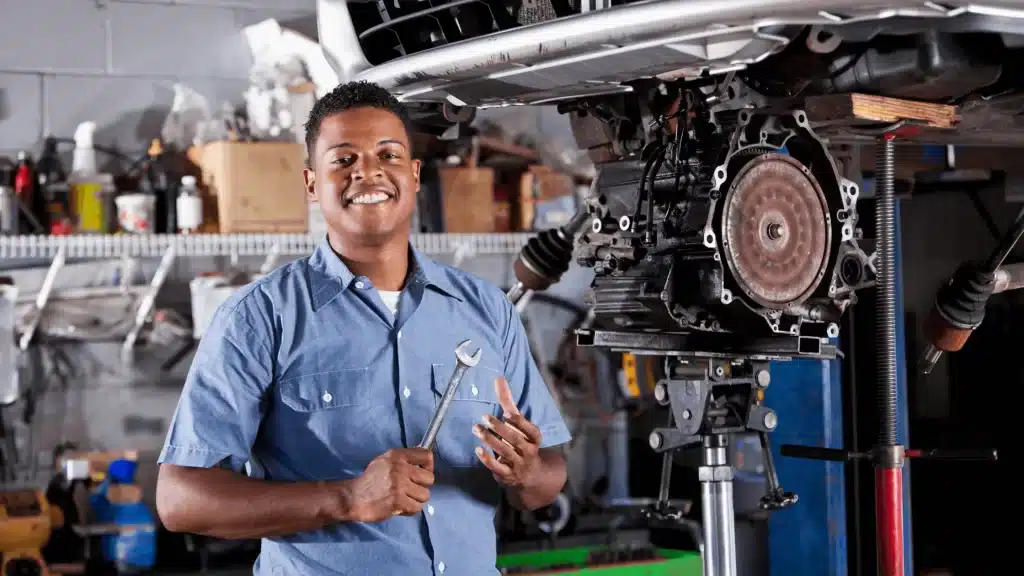 Mobile mechanic stand in front of a car
