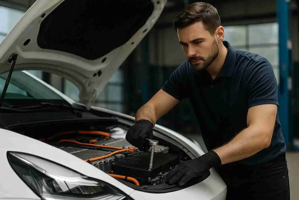 A man performs maintenance on an electric car battery, highlighting essential care for EV owners.