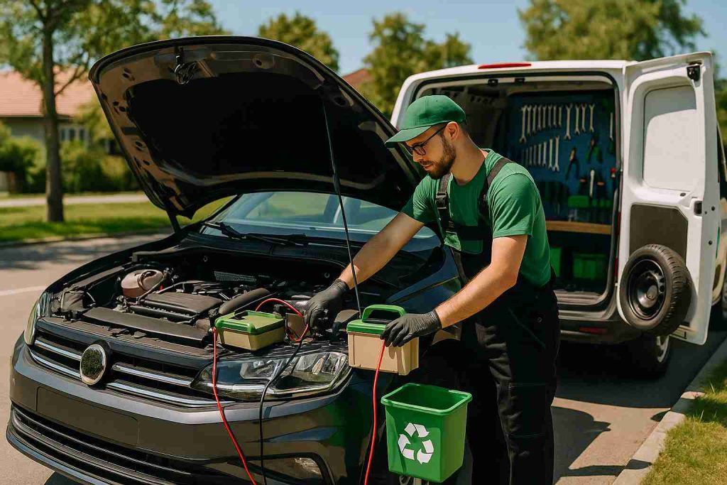 Mobile mechanic repairing car using eco-friendly tools on a sunny day in a neighborhood.