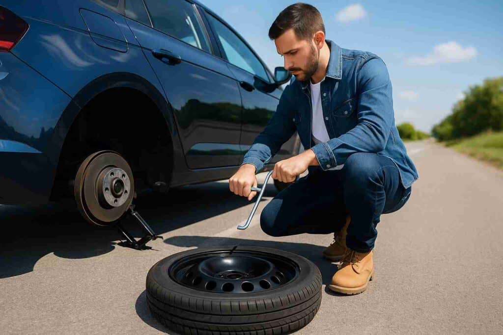 A man changing a flat tire on the side of the road on a sunny day, using a lug wrench and a scissor jack beside a blue sedan.