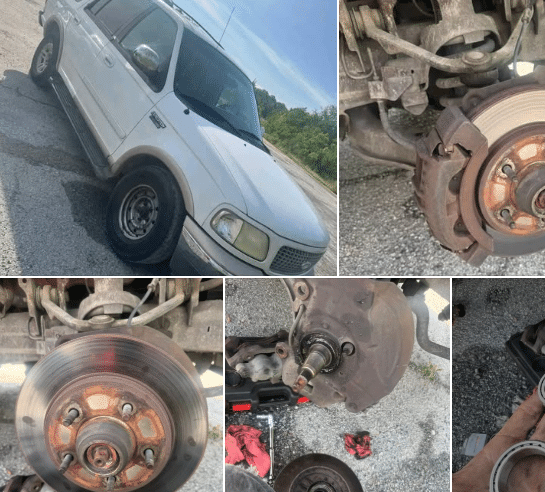 A series of photos showing a white Ford Expedition undergoing brake and wheel bearing repair by a mobile mechanic, with close-ups of the brake rotor, caliper, and removed wheel bearing on asphalt.