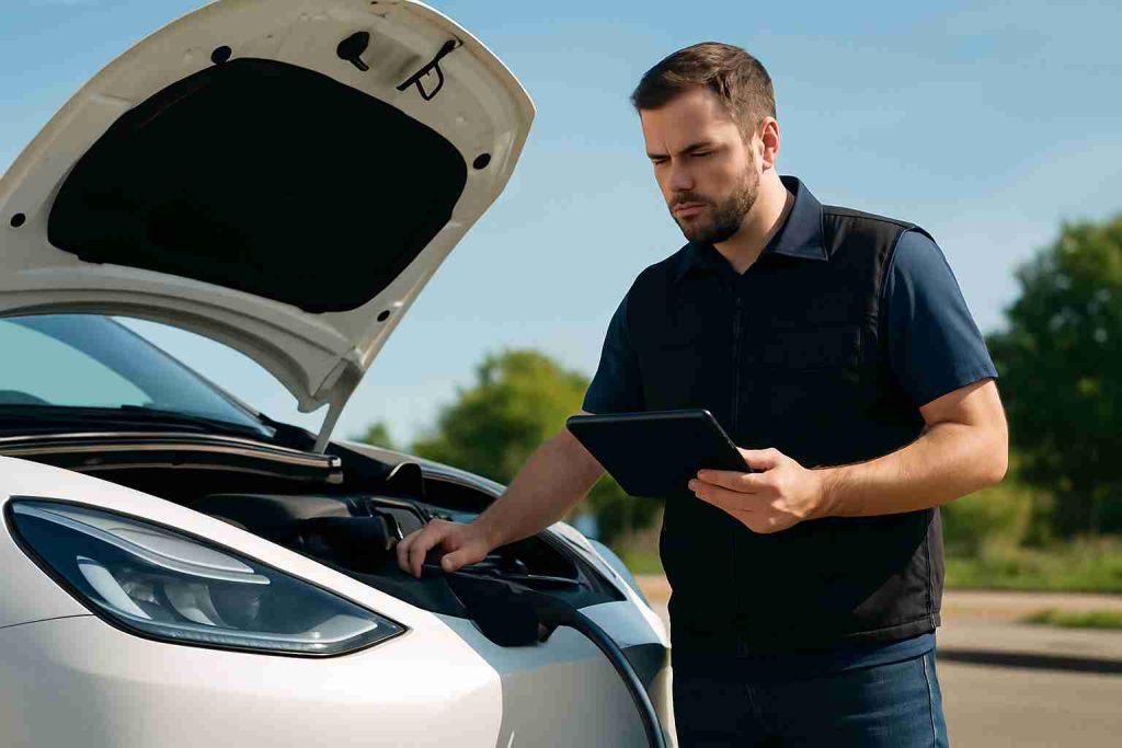 Mobile mechanic diagnosing electric vehicle issues on a sunny day