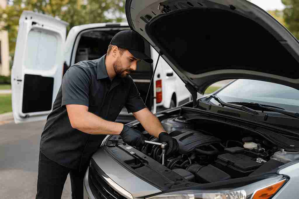 Mobile mechanic fixing car at home with tools and van nearby