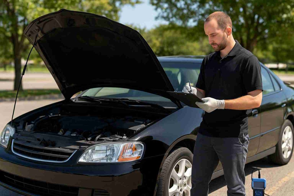 Mobile mechanic inspecting a used car on a sunny day in DeSoto, Texas