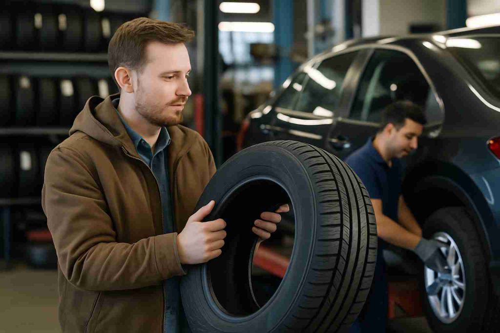Man inspecting new tire at auto shop while mechanic installs tires on car in background
