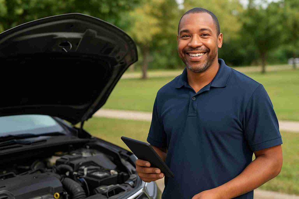 Smiling DeSoto mobile mechanic standing beside open car hood with tablet in hand