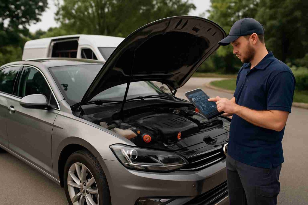 Mobile mechanic using tablet to diagnose car with IoT sensor data on a suburban roadside