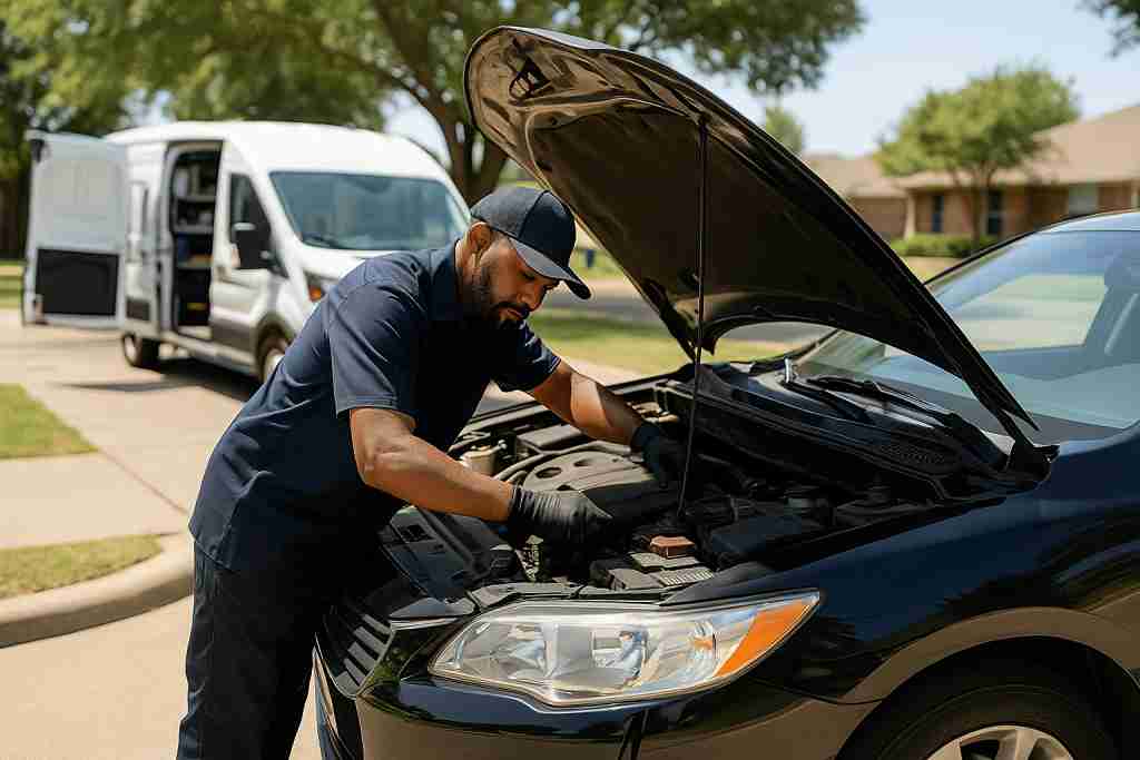 Mobile mechanic repairing a black sedan in a suburban DeSoto neighborhood with a service van in the background.