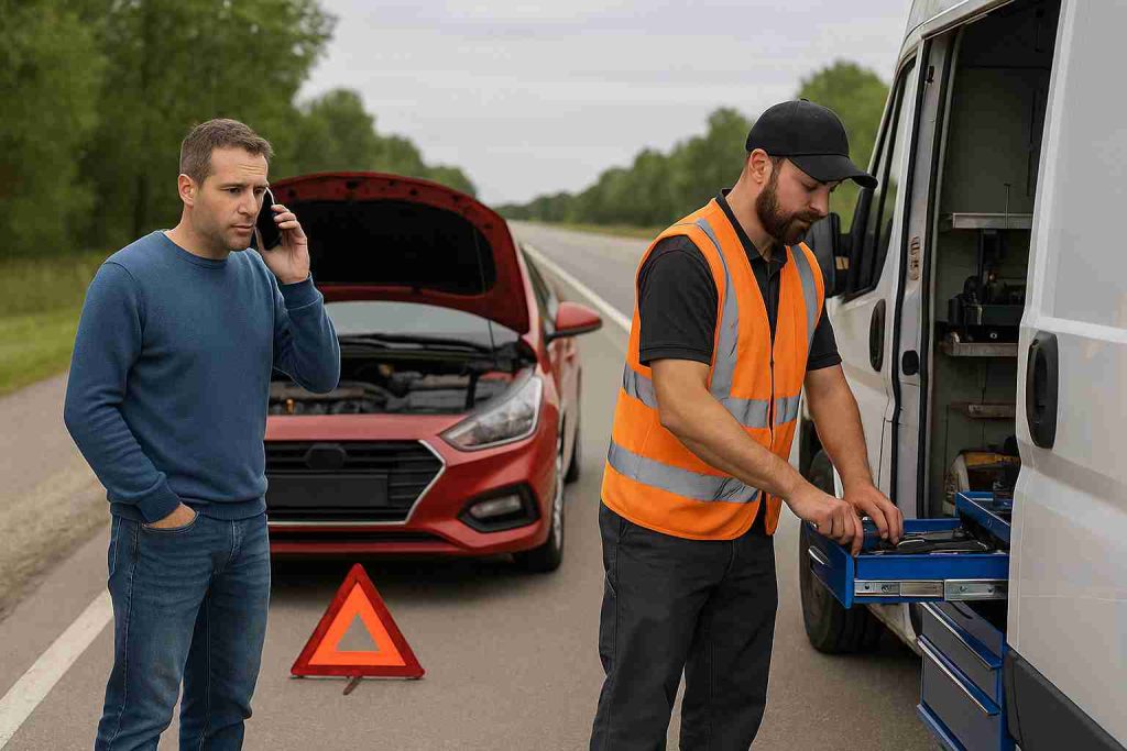 Mobile mechanic assisting a stranded driver with car trouble on the roadside, using tools from a service van