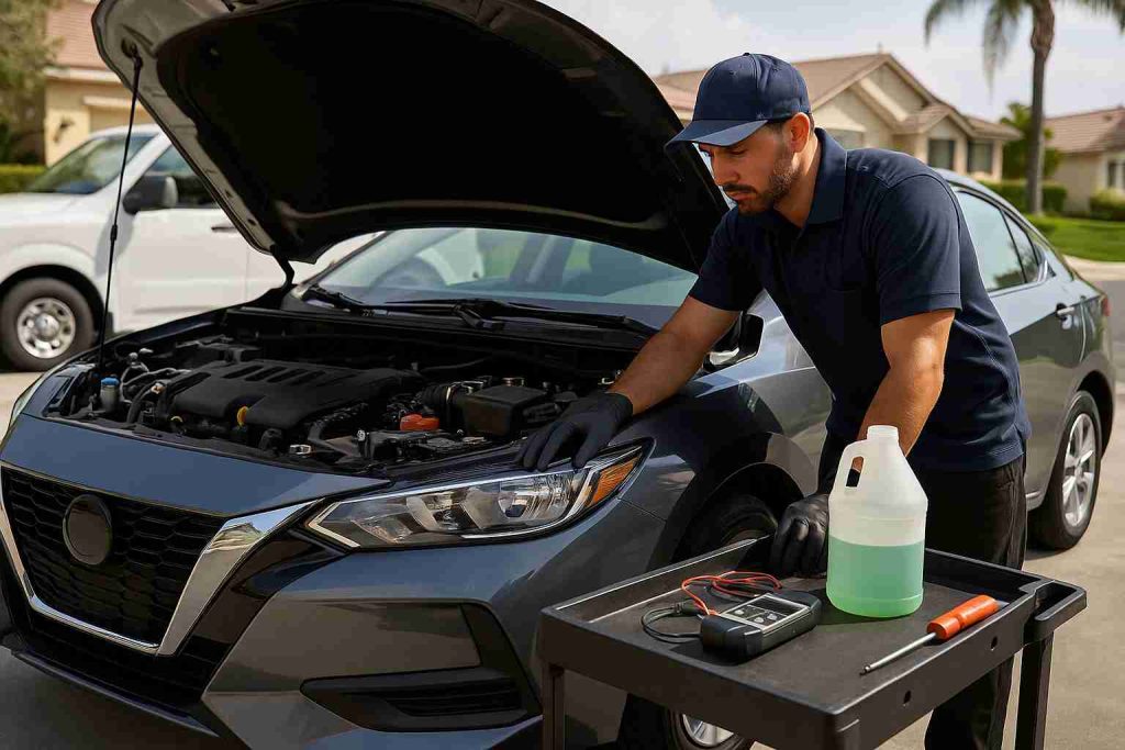 Mobile mechanic performing summer car maintenance on a sedan in a residential driveway with the hood open and tools nearby.