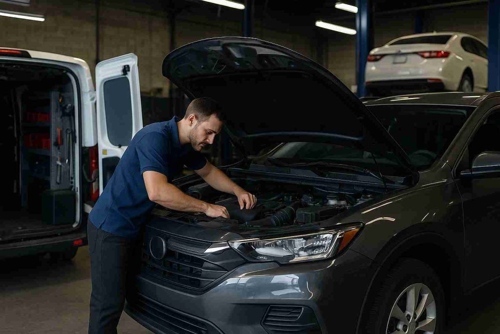 Professional mobile mechanic servicing a vehicle in a workshop beside a dealership repair bay