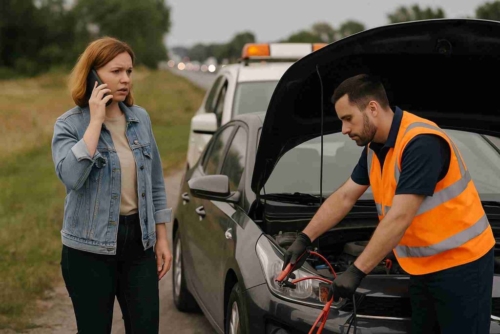 Roadside assistance helping woman with car breakdown near highway in DeSoto, Texas