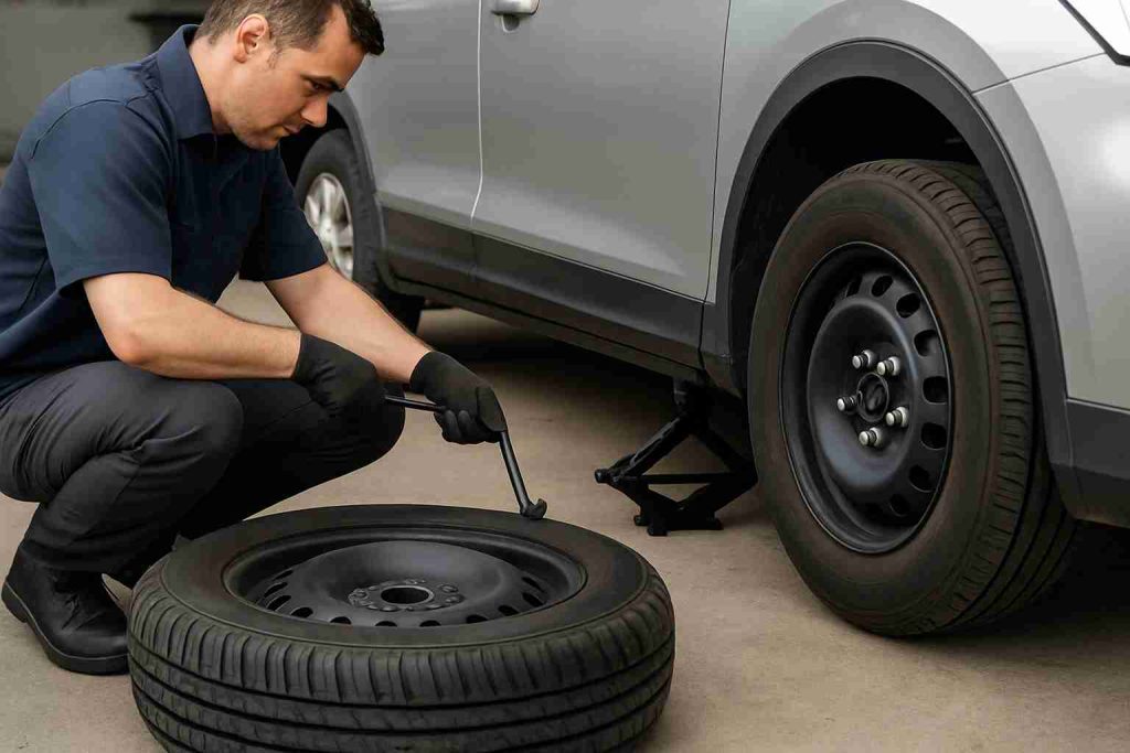 Auto mechanic replacing a flat tire on a silver car in a garage using a lug wrench