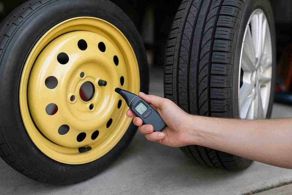 Close-up of a person checking air pressure on a compact spare tire with a digital gauge next to a regular car tire in a garage setting