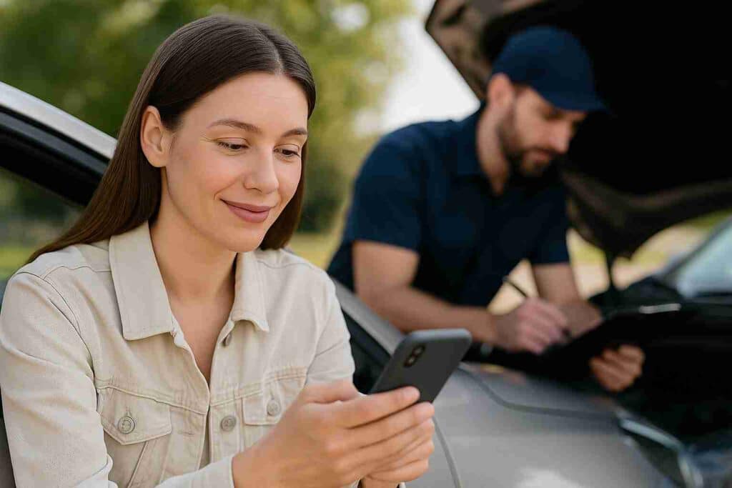 A woman sitting in the driver’s seat of her car using her smartphone to book a mobile mechanic, while a mechanic inspects the engine in the background.