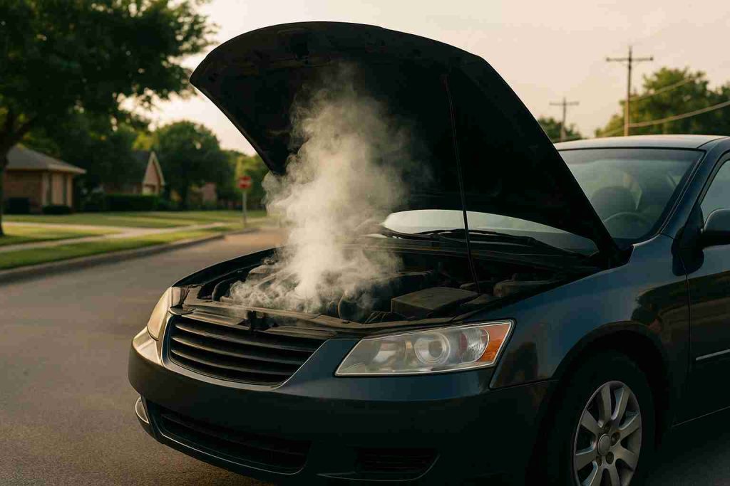 Open hood of a dark sedan with car  burning smell from the engine bay on a quiet suburban street in DeSoto, Texas.