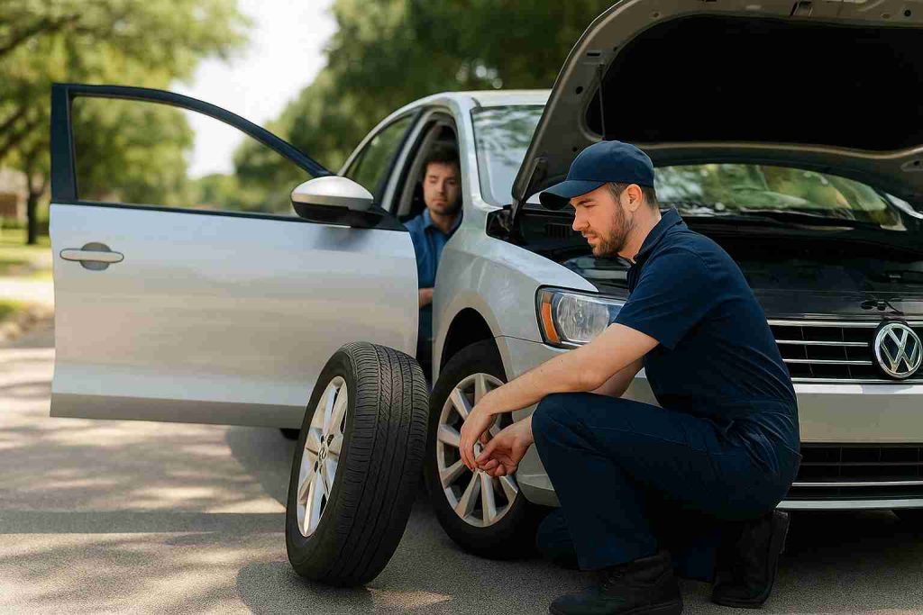 A mechanic inspecting a silver car on a sunny street in DeSoto, Texas after a tire change with the hood open and a concerned driver watching from the seat