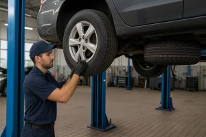 Realistic photo of a mechanic inspecting a spare tire assembly under a lifted car in a clean, professional garage.
