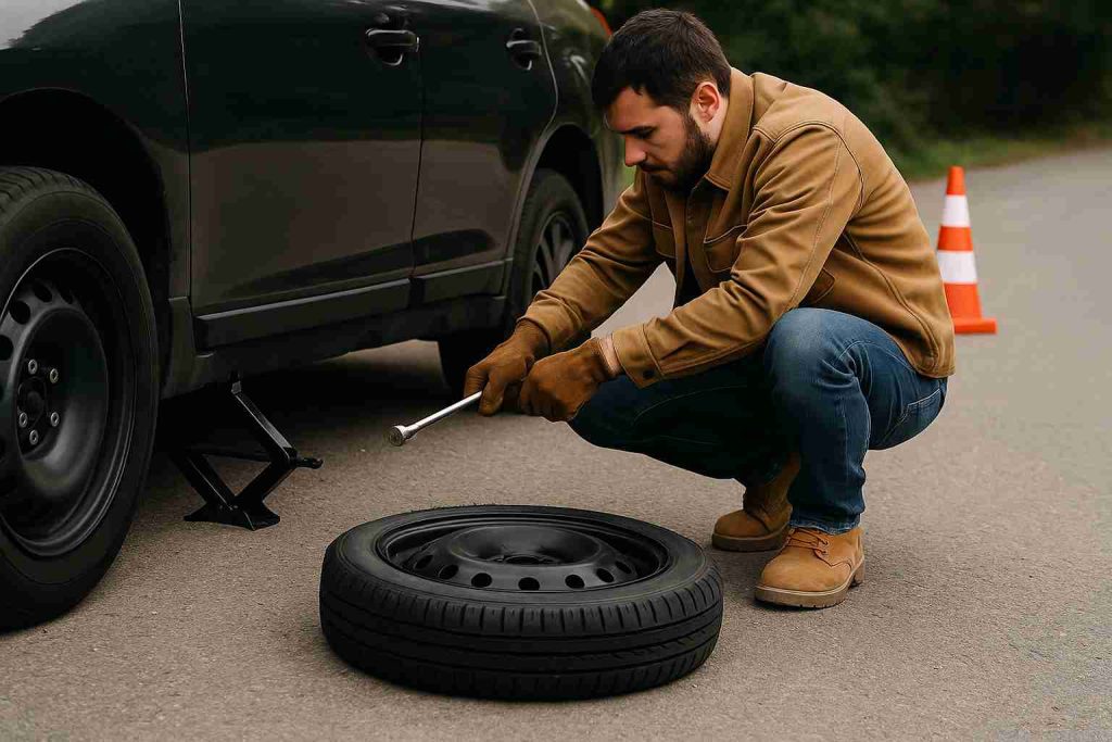 Man changing a flat tire on the roadside using a jack and wrench during a daytime emergency repair