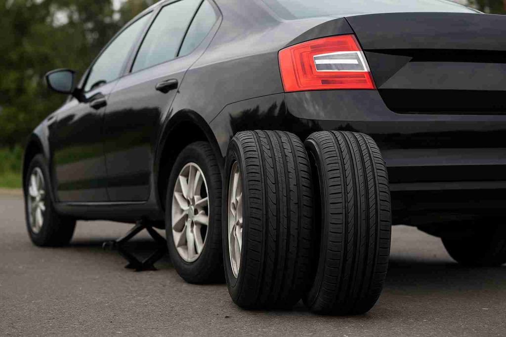 Close-up of a black car with new rear tires being installed for improved traction and driving stability