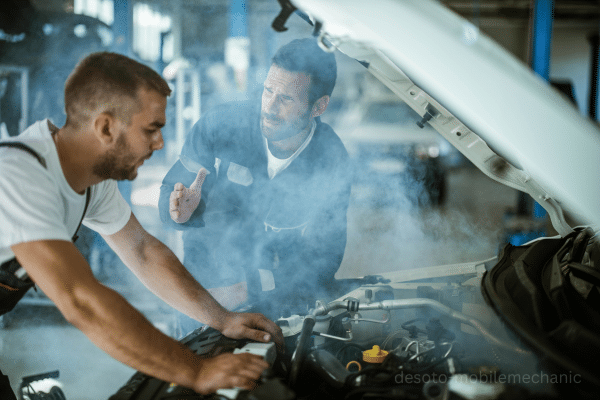 Two mechanics inspecting a steaming engine in a garage, showing how to prevent car from overheating in summer.